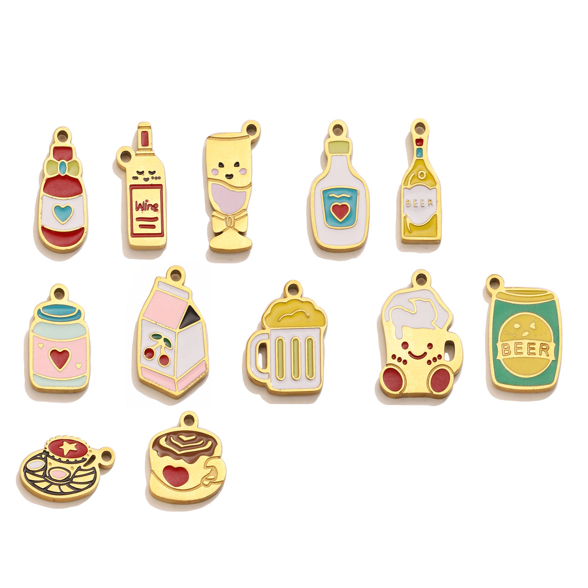 Wine Beer Coffee Drink - จี้เคลือบลายอาหารและเครื่องดื่มน่ารัก 5 ชิ้น รูปหัวใจ สำหรับกาแฟ/เบียร์/ไวน์แดง/นม สำหรับทำสร้อยคอ