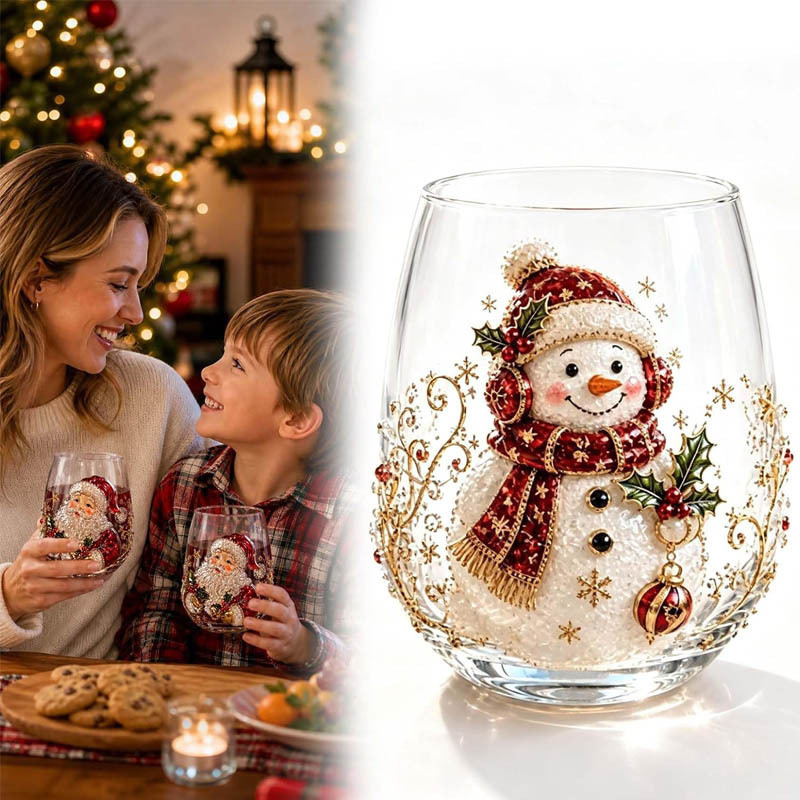 Wine Beer Coffee Drink - แก้วศิลปะคริสต์มาส 3 มิติ ลายซานต้า มนุษย์หิมะ กวางเรนเดียร์